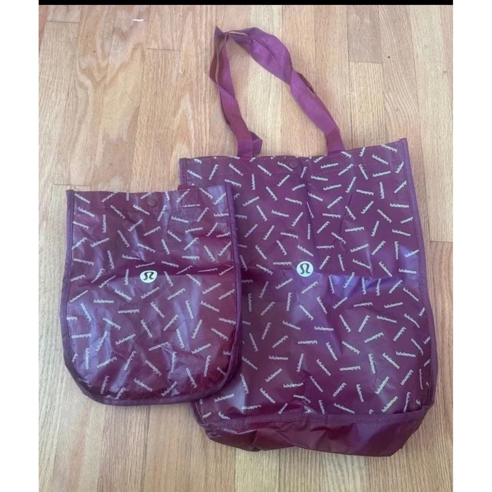 Lululemon Reusable Tote Bag Set 2 Pack Small Medium Maroon Burgundy Logo Print
